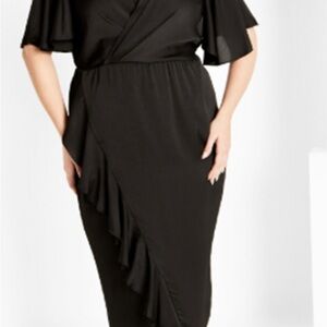 City Chic Black Ruffle Wrap Midi Dress